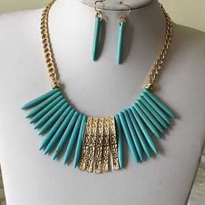 Turquoise stone spike gold tone necklace earring